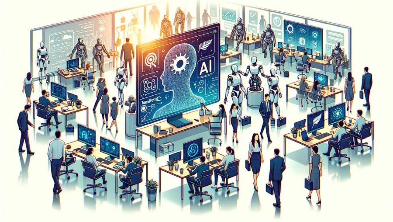 busy futuristic office featues mix of people, screens with AI interfaces, and androids (human-shaped robots).
